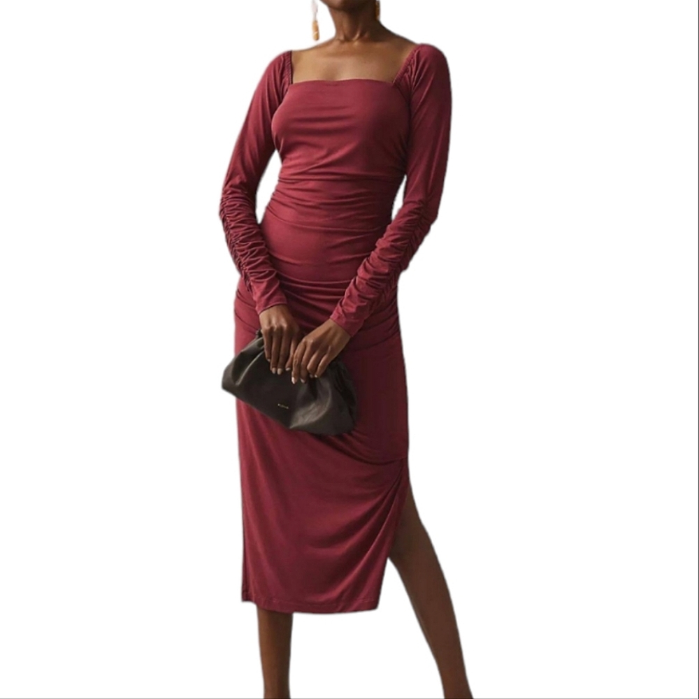ANTHROPOLOGIE Ruched Square-Neck Wine Colour Dress